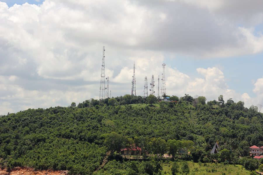 Communications towers against the sky
